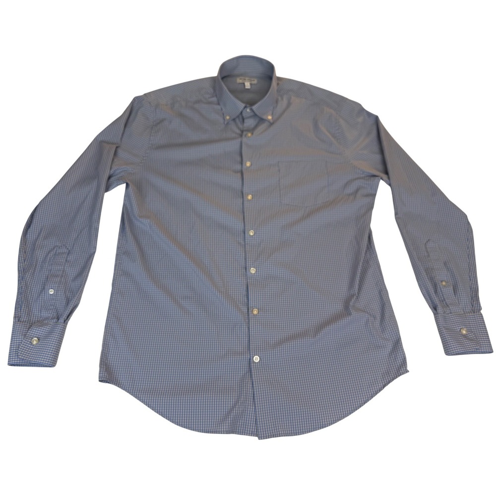 PETER MILLAR Summer Comfort Blue/Gold Check Pattern Long Sleeve Button-Down Sz L